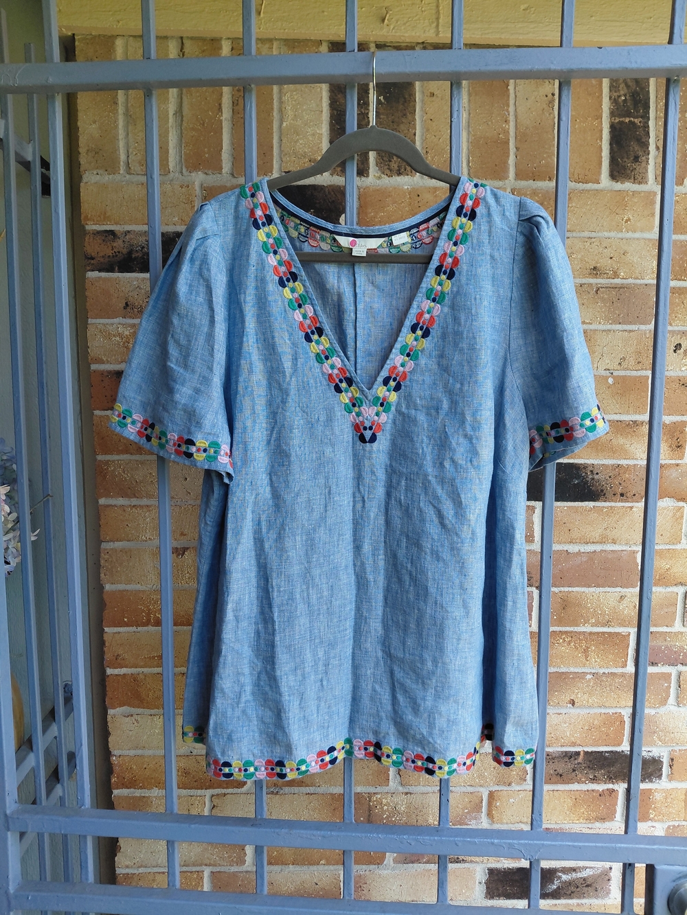Boden Light Blue Embroidered V-Neck Chambray Tunic